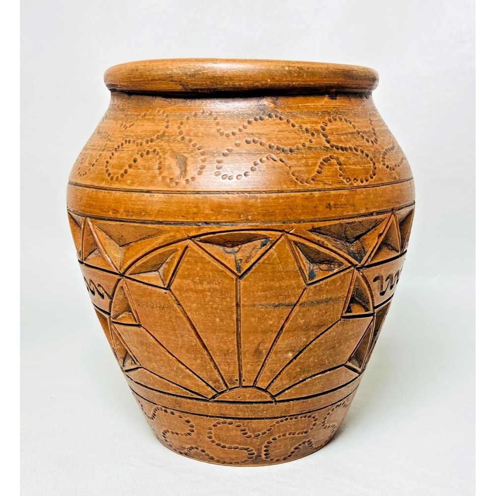 Earthenware Pottery‎ Terracotta 6" Vase Planter Handcarved Sun Flower